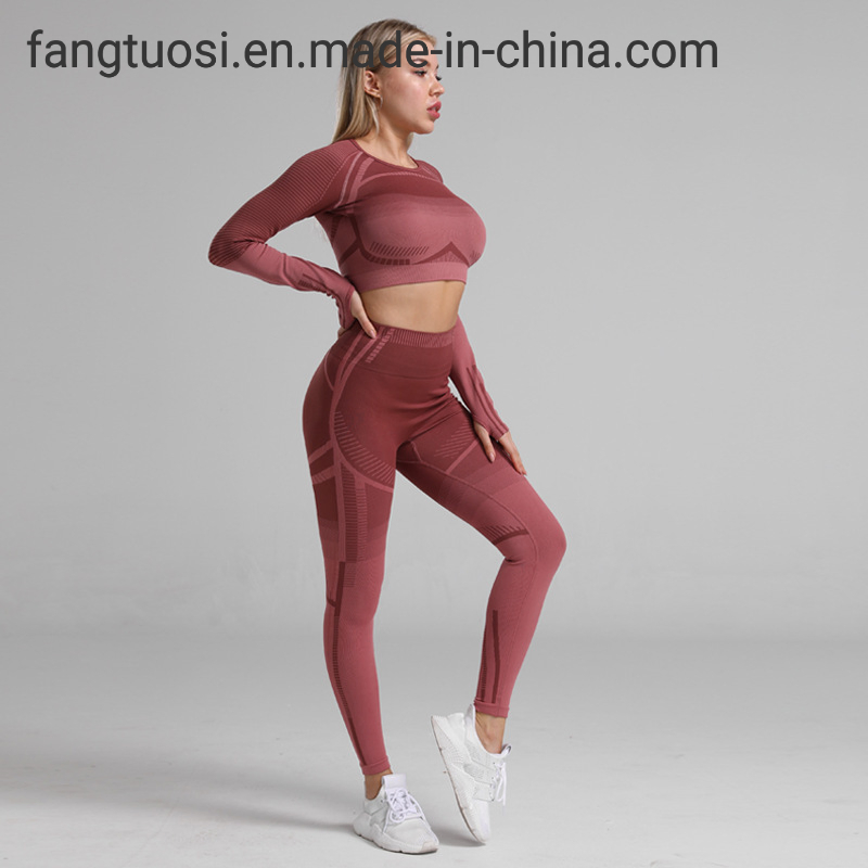 Conjunto de ropa deportiva ecológica sin costuras con control de abdomen, top corto para entrenamiento, leggings de bajo MOQ, conjunto de yoga