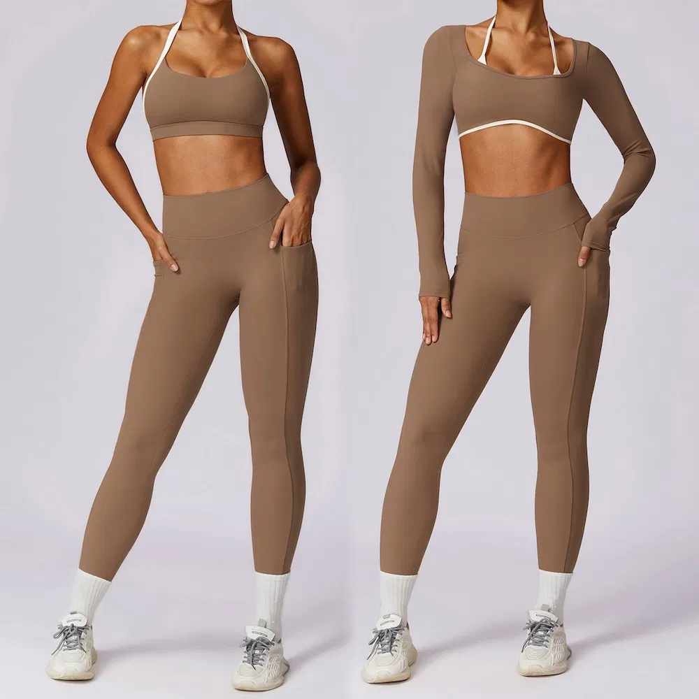 Nueva ropa de gimnasio y fitness de Pilates Cool 2/3PCS para mujer, popular sujetador deportivo + top de yoga sin espalda + leggings de running con bolsillo para entrenamiento