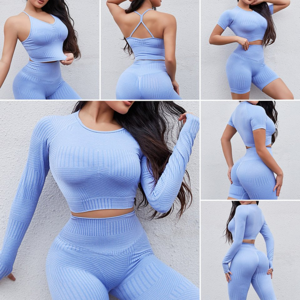 Nueva Lista 5PCS Conjunto de Yoga Casual con Patrón Sin Costuras, 2/3/4/5 Pantalones Cortos Leggings + 3 Top de Fitness Diseño Conjunto de Entrenamiento Ropa Deportiva para Adolescentes