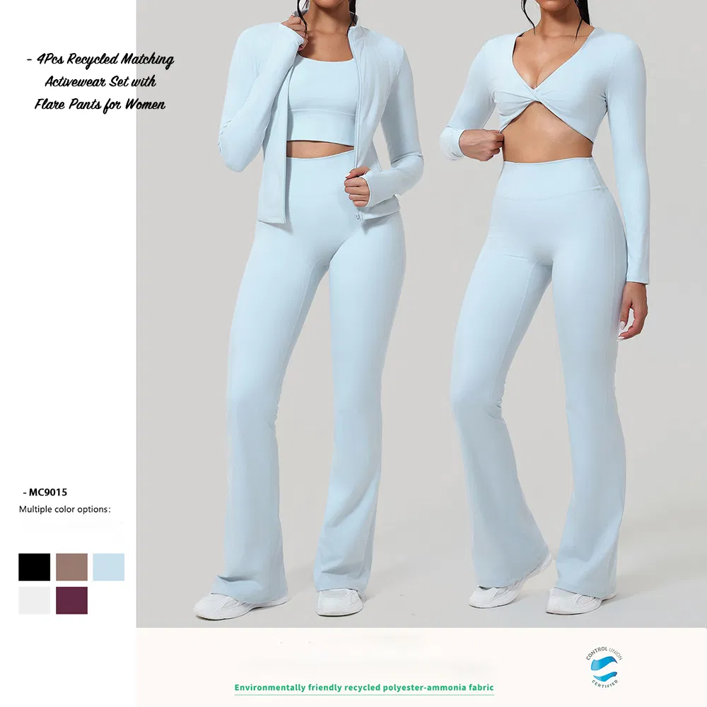 Conjunto de Ropa Activa Sostenible Caliente 4PCS Ropa de Gimnasio para Mujeres, Ropa de Entrenamiento Reciclada, Ropa de Pilates, Top de Tirantes, Chaqueta + Pantalones, Ropa Atlética Femenina