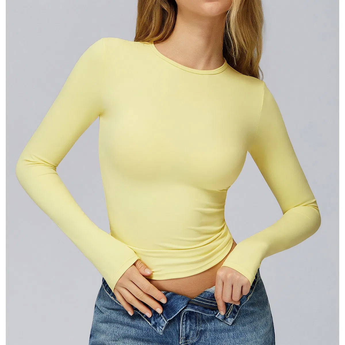 Moda Mujeres Alta Intensidad Personalizado Cepillado Transpirable Ajustado Deportes Fitness Correr Manga Larga Yoga Gimnasio Camiseta