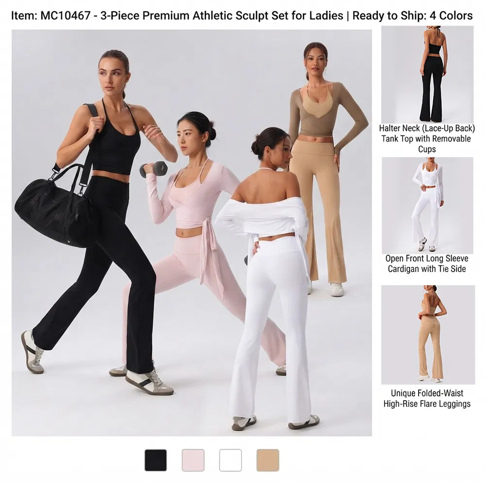 Ropa de Fitness y Pilates para Mujeres Más Vendida en Amazon 3PCS, Camisetas Deportivas de Manga Larga + Tops de Cami con Cordones y Sujetador + Pantalones de Yoga Acampanados