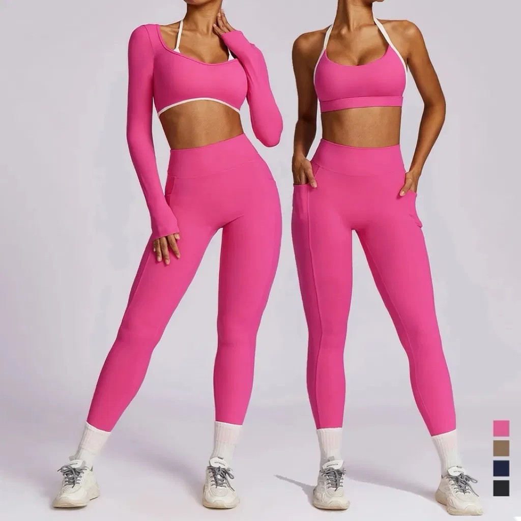 Nueva ropa de gimnasio y fitness de Pilates Cool 2/3PCS para mujer, popular sujetador deportivo + top de yoga sin espalda + leggings de running con bolsillo para entrenamiento