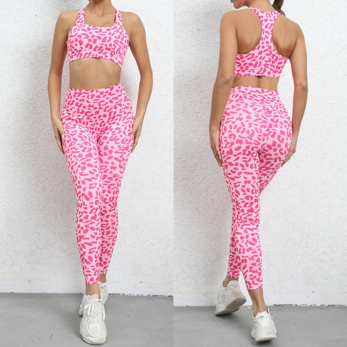 Ropa de gimnasio sexy de leopardo rosa para mujeres, conjunto de bralette de cheetah con push up y leggings de entrenamiento