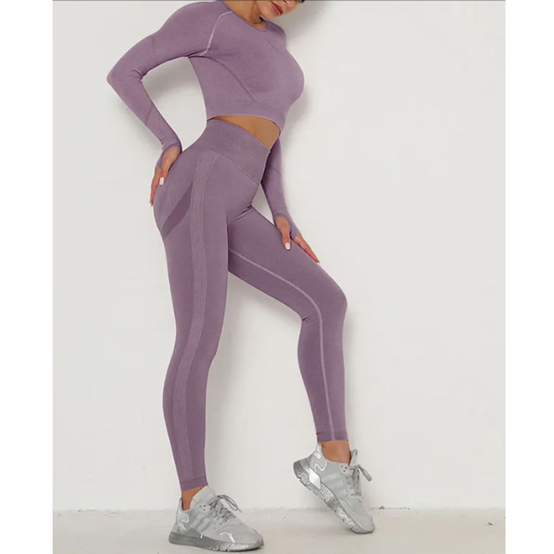 Ropa deportiva de yoga transpirable y sin costuras para mujeres, de secado rápido, conjunto de dos piezas con mangas largas de color puro