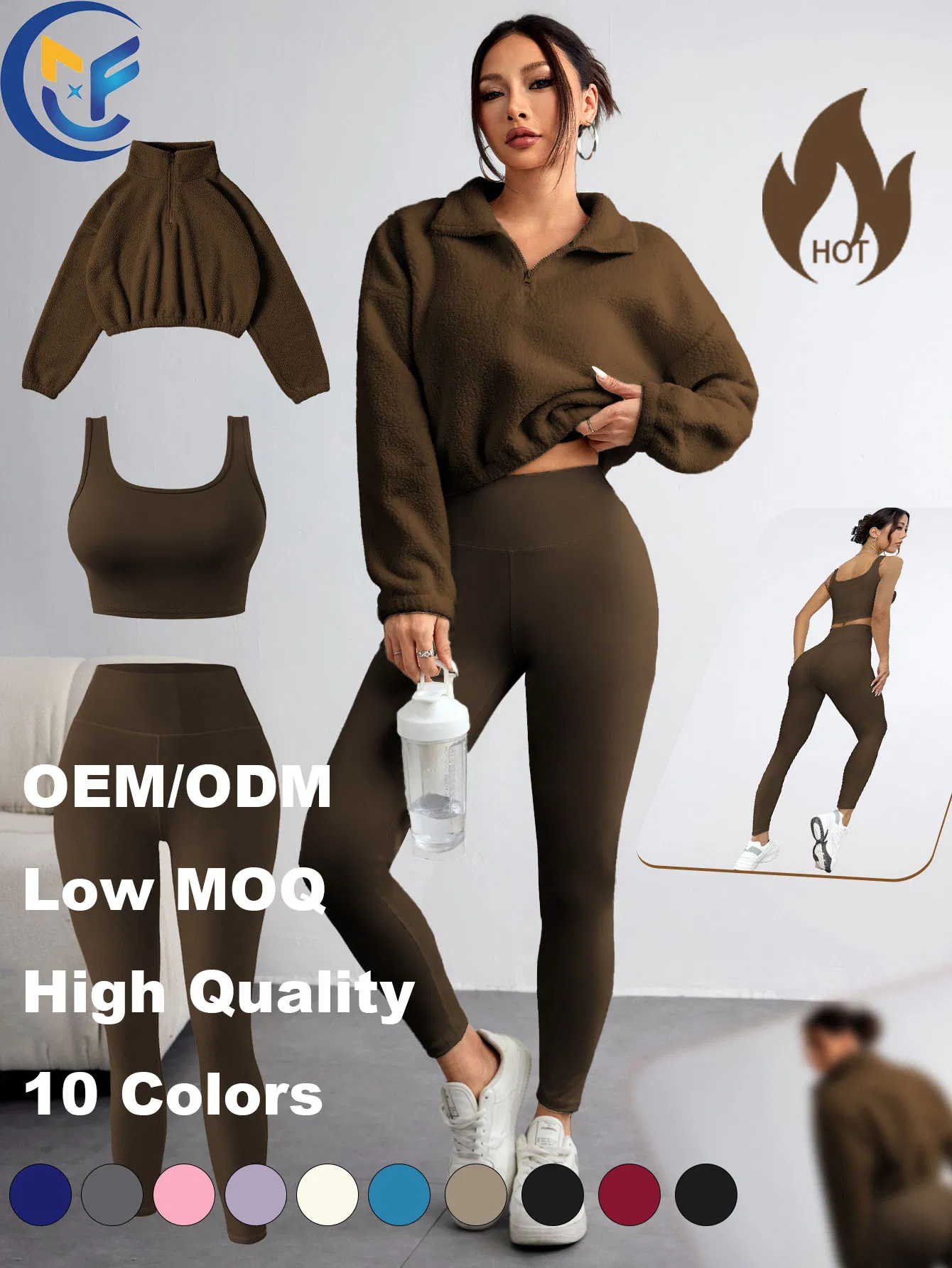 Nuevo Conjunto de Suéter con Media Cremallera y Yoga con Capucha de Cuello Alto 3 Pieza Traje de Fitness Chaleco de Moda y Pantalones Ropa de Gimnasio para el Deporte de Mujeres