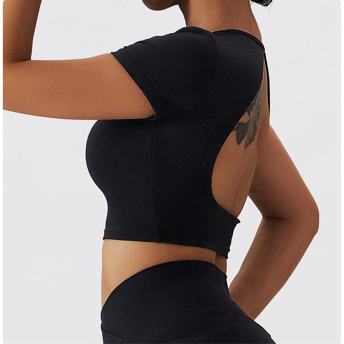 Camisetas de yoga para mujeres, nylon y spandex, camiseta deportiva de espalda cruzada, verano, transpirable, top de entrenamiento con espalda abierta, manga corta, crop top