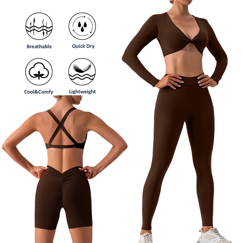 Ropa de fitness para mujeres al por mayor 4PCS traje deportivo sexy con escote en V para correr al aire libre, sujetador de yoga con logo personalizado + top corto + pantalones cortos con fruncido en la parte trasera + pantalones