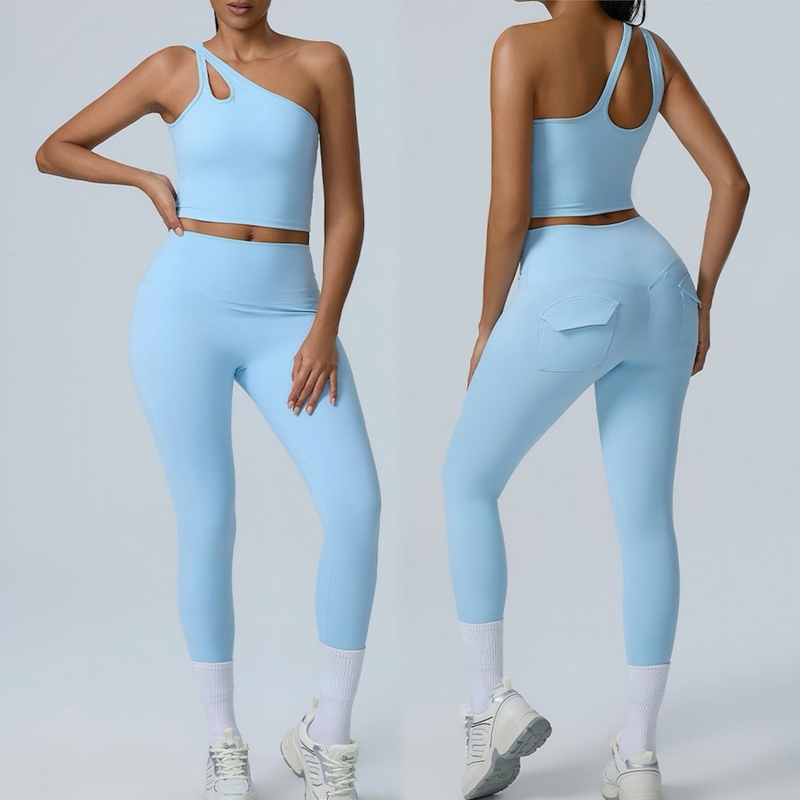Conjunto de Ropa de Gimnasio de Moda con Top de Un Hombro y Sujetador + Pantalones de Yoga Ajustados con Bolsillos Traseros 2PCS Ropa de Pilates para Fitness Activo para Mujeres