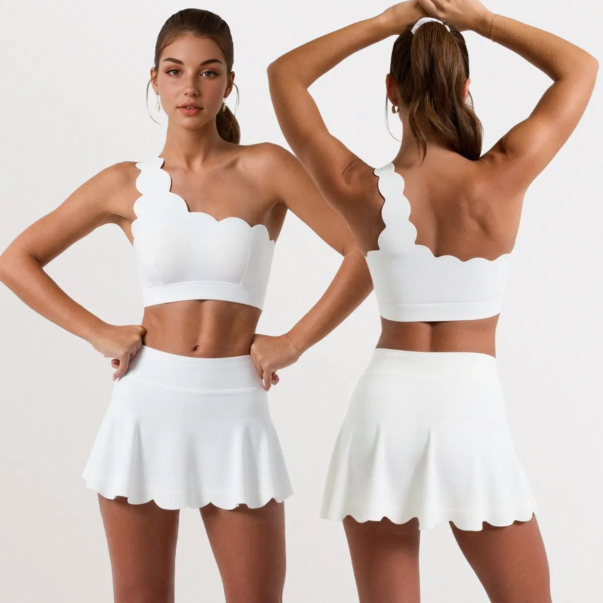 Conjunto de faldas de tenis para mujeres de alta venta, sujetador deportivo entrecruzado, faldas de golf transpirables con pantalones cortos, atuendo de fitness, ropa de golf
