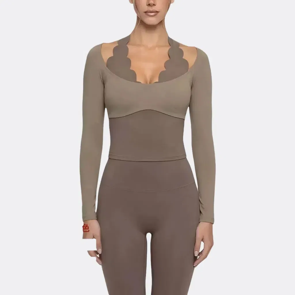 Ropa de yoga activa, camiseta de manga larga de moda con encaje, alta elasticidad, ropa de fitness ajustada, top de pilates, ropa deportiva, ajuste slim, ropa de gimnasio