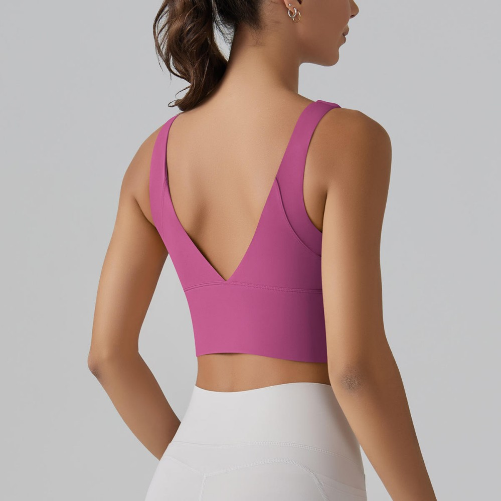 Top deportivo de mujer con copas permanentes en la espalda en V, larga, de alto impacto, soporte para correr, yoga, entrenamiento y fitness