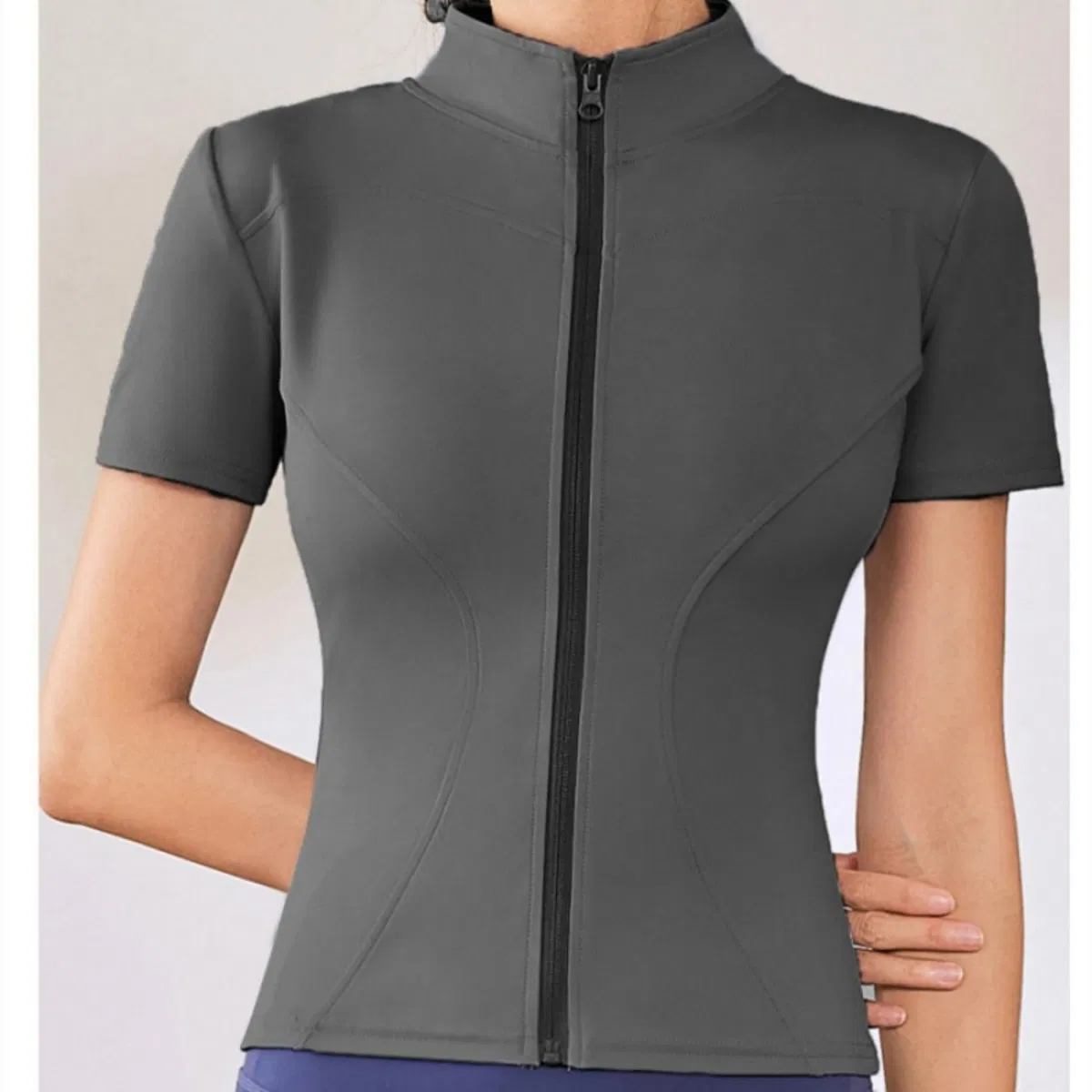 Chaqueta deportiva sin costuras de manga corta ajustada con cuello, con cremallera y alta sujeción, transpirable, para yoga y gimnasio, sin huecos