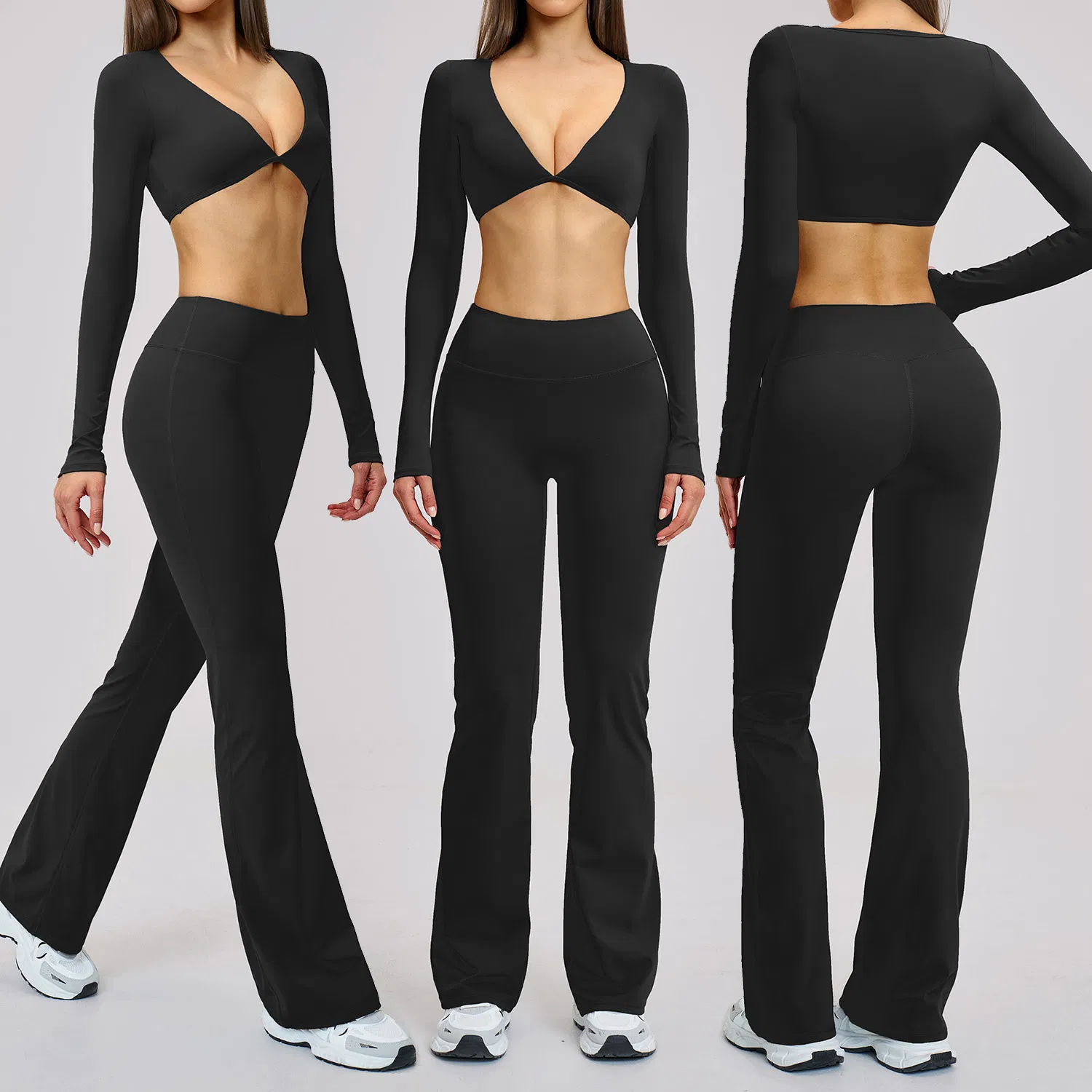 Ropa de yoga de moda sexy con top corto de manga larga y escote en V profundo + conjunto de leggings acampanados de cintura alta para entrenamiento y fitness