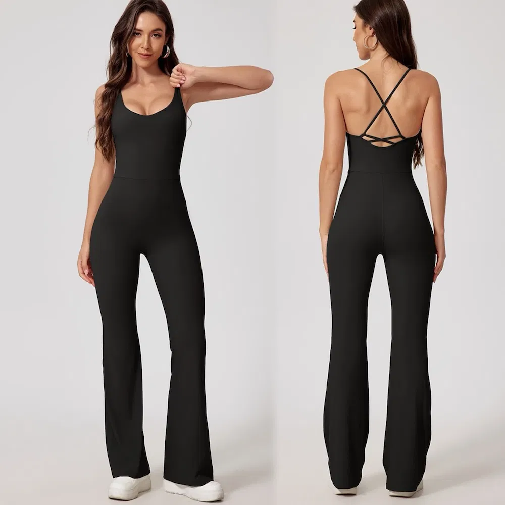 Leotardo de fitness con espalda cruzada y pierna acampanada para mujeres, venta al por mayor de una pieza acanalada con bodysuit de entrenamiento y sujetador, ropa para danza de pole