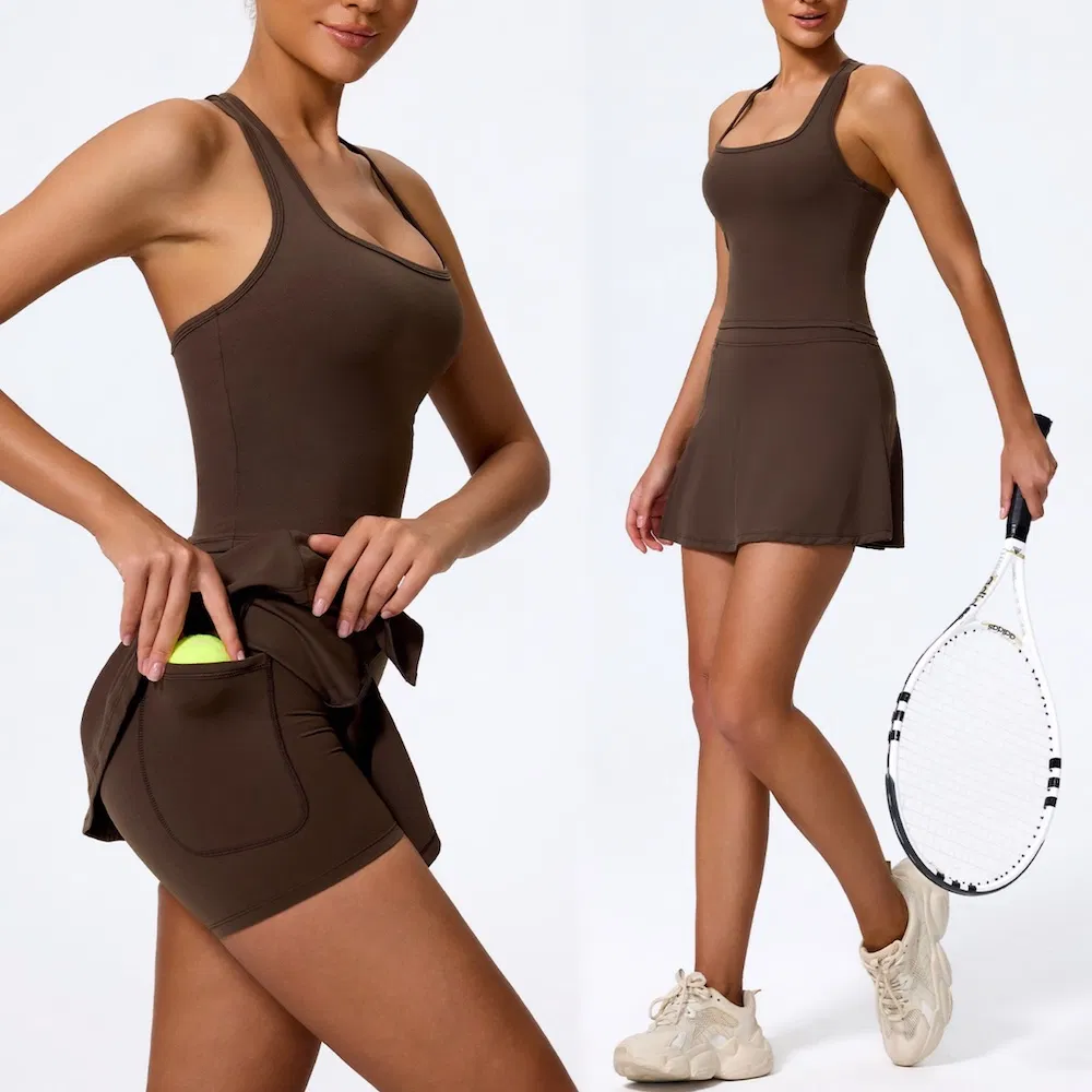 Ropa deportiva personalizada de logo y diseño premium para mujeres, camisetas sin mangas de gimnasio + faldas de running con pantalones cortos interiores + conjuntos de golf con bolsillo