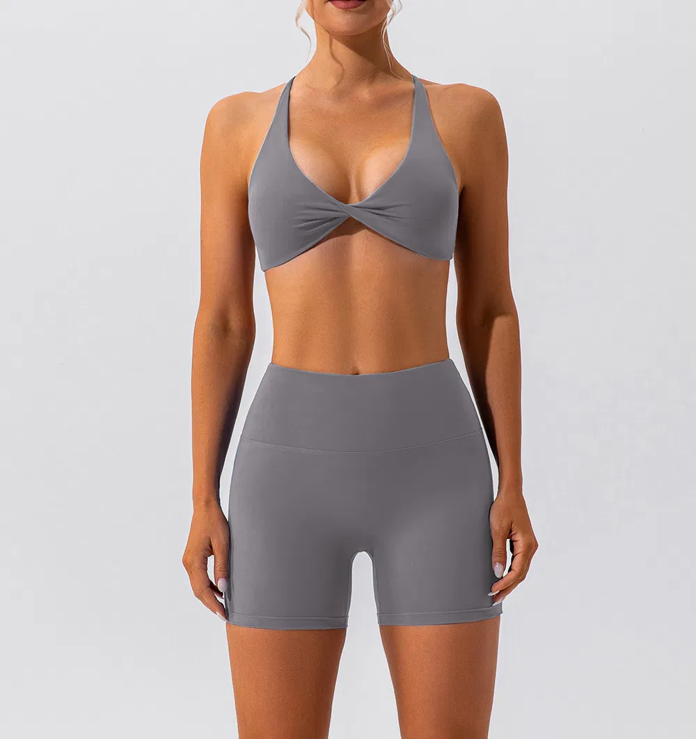 Conjuntos de yoga de nailon, ropa de entrenamiento para mujeres, sujetador cruzado, pantalones cortos de cintura alta, leggings de yoga, ropa de fitness para el gimnasio