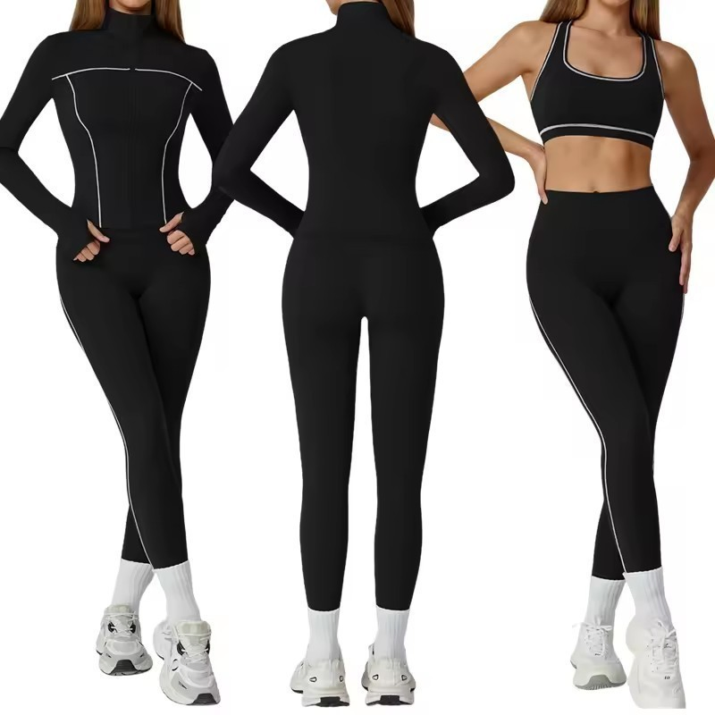 Conjuntos de entrenamiento para mujeres 3 Leggings de cintura alta sin costuras, top corto, chaqueta, ropa de gimnasio, conjunto de yoga, sujetador deportivo, conjuntos de chándal, ropa de yoga, ropa activa, ropa deportiva