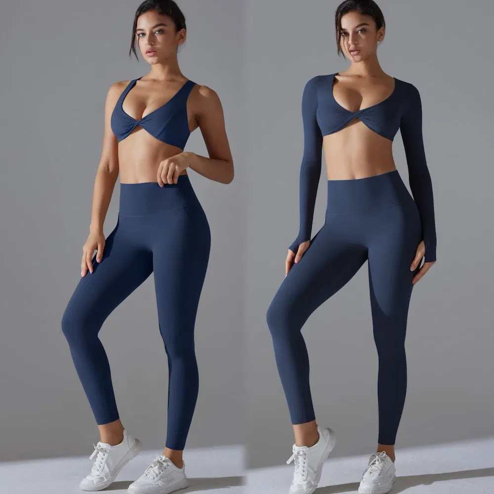 3PCS Ropa de fitness sexy de yoga y pilates para mujeres, sujetador de yoga con realce + top corto de manga larga para el gimnasio + leggings para correr con forro antimicrobiano