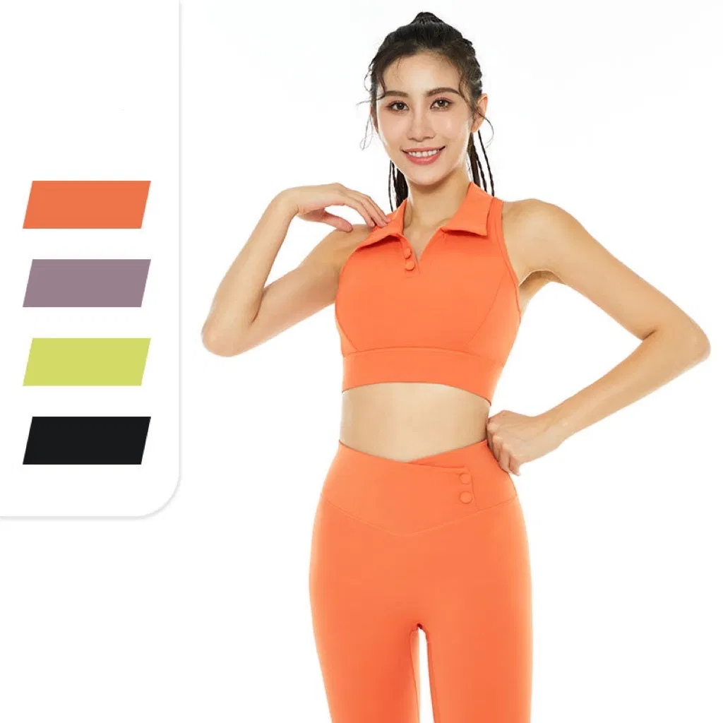 Ropa de gimnasio y yoga para mujeres de diseño nuevo de Tianchen, conjunto de ropa de fitness, top corto de cuello polo + leggings de cintura cruzada, conjuntos para hacer ejercicio y senderismo