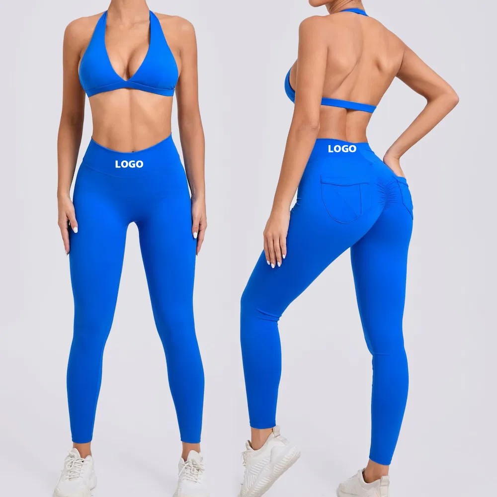 Nuevas Tendencias 2PCS Conjuntos de Ropa de Gimnasio Brasileña para Mujer, Sujetador Deportivo con Cuello Halter y Bolsillos en la Espalda, Leggings para Correr, Traje de Yoga