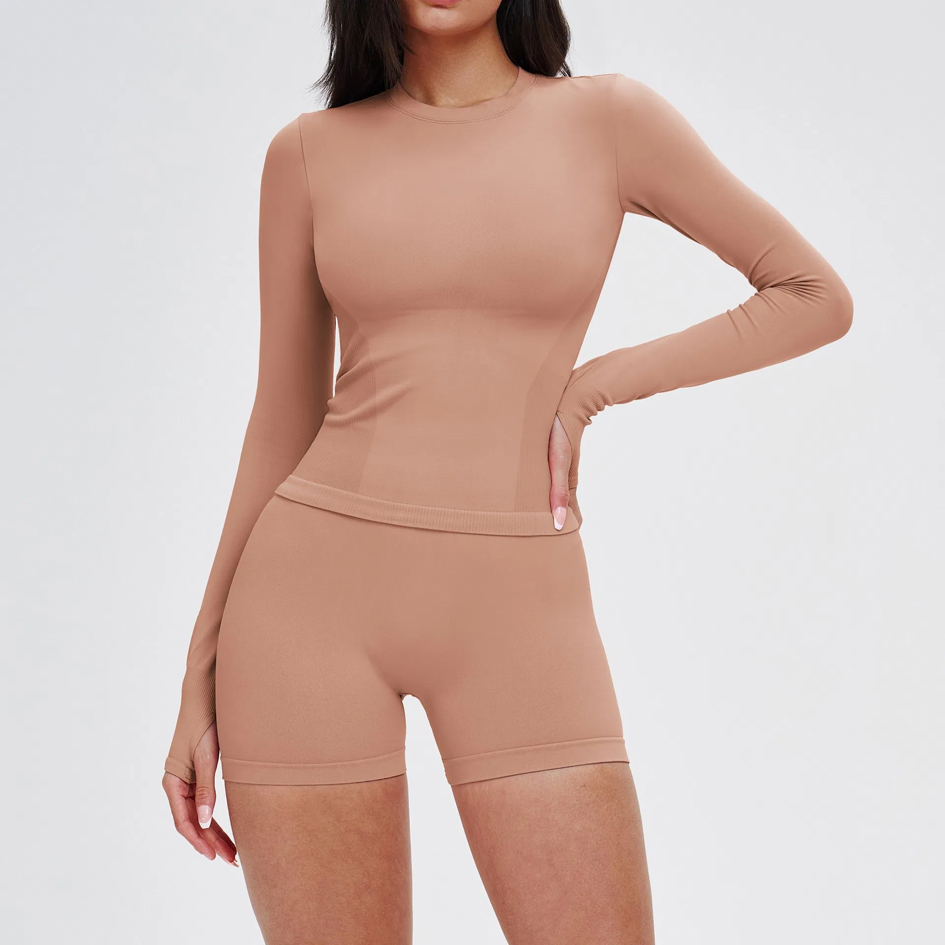 Ropa Deportiva Mujer Moda Fitness Sin Costuras Ropa de Deporte Cuello Redondo Con Agujeros para el Pulgar Correr Gimnasio Exterior Tonificación