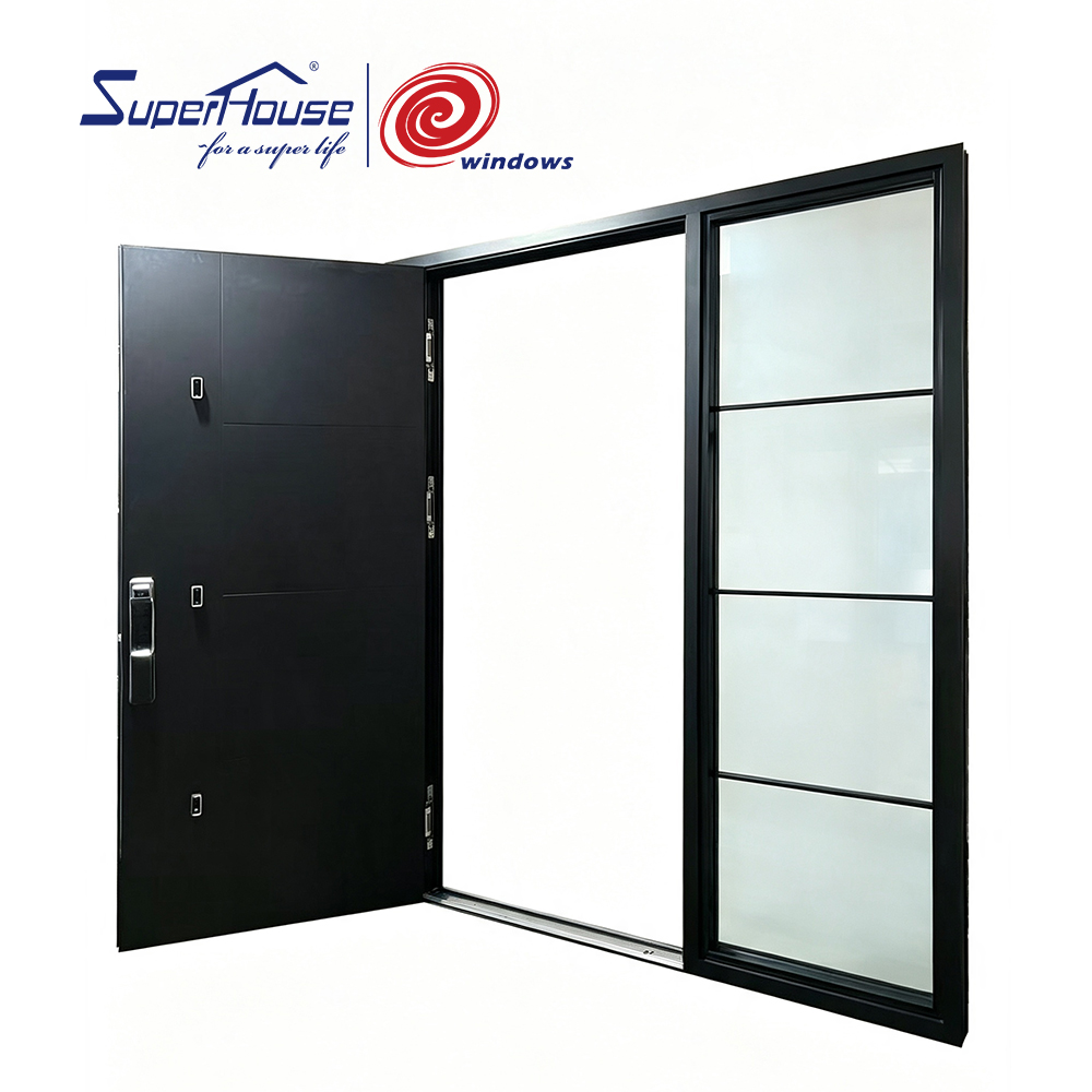 Security Modern Fancy Aluminum Graphic Design Entry Door with Frosted  Impact Glass Sidelites and Smart Lock for Luxury Villa
