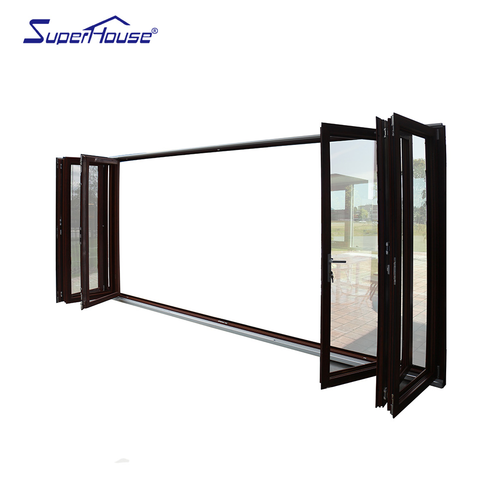 Balcony Entry Aluminum Folding Door Wood Grain Finish German Hardware Double Glazing Wind Water Impact Resistant Villa Patio