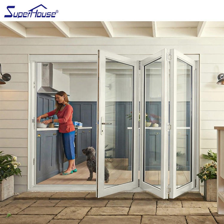 Commercial Hurricane Rated Aluminum Bifolding Door Horizontal Opening Double Glass Retractable Flyscreen for Shop Front Entrance