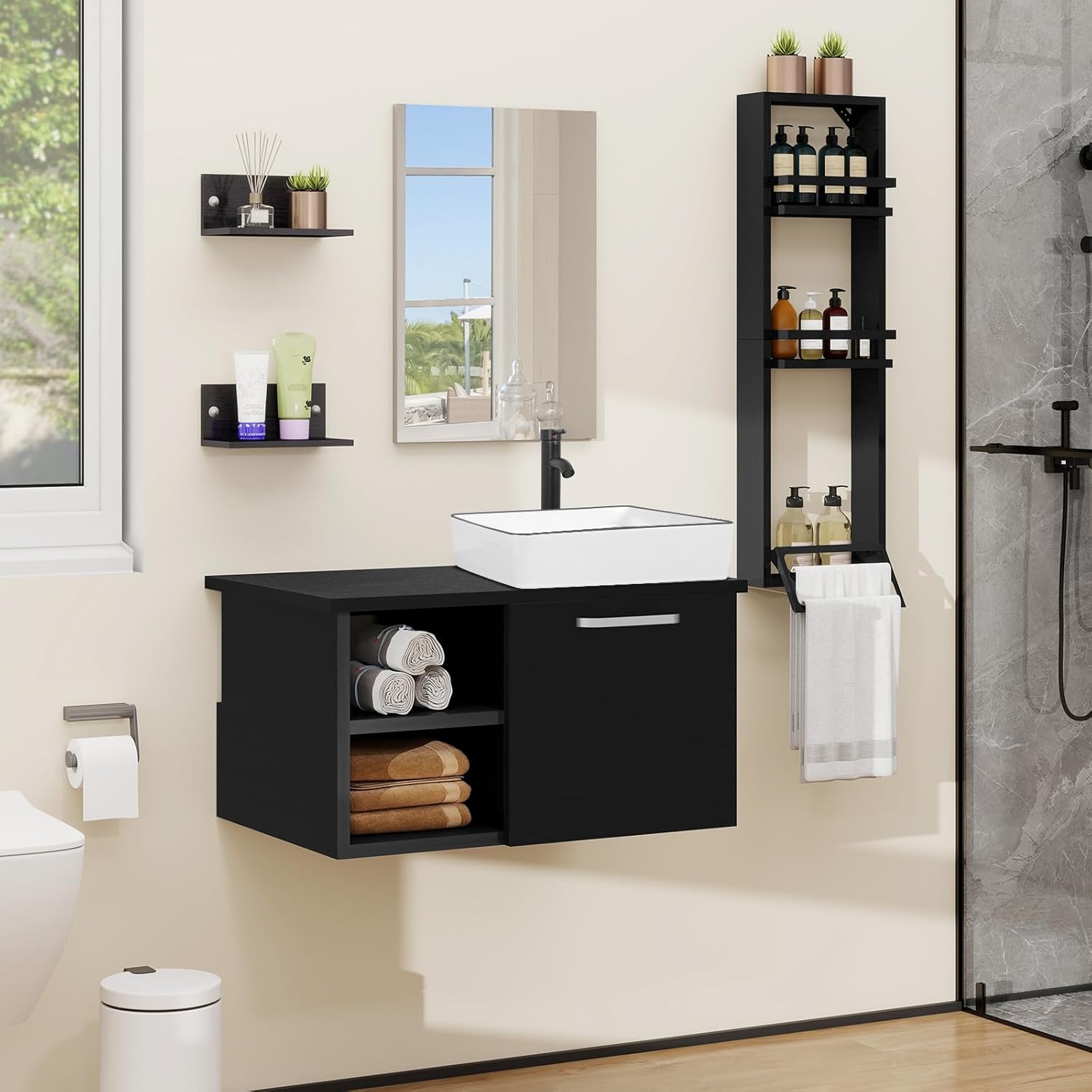 71 cm White Bathroom Furniture Set 3-Tier Shower Shelf 2 Wall Shelves Basin Floor Cabinet Bathroom Vanity Set