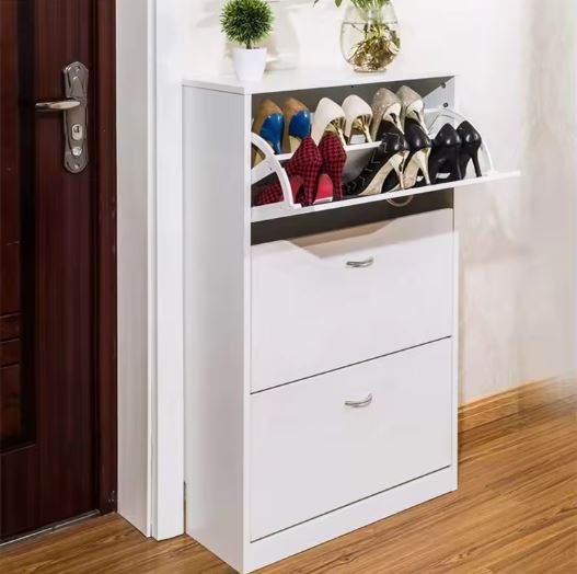 Farmhouse Shoe Cabinet with 3 Flip Down Storage Wood Shoe Rack Organizer with Unique Rattan Decor for Entryway, Hallway, Doorway