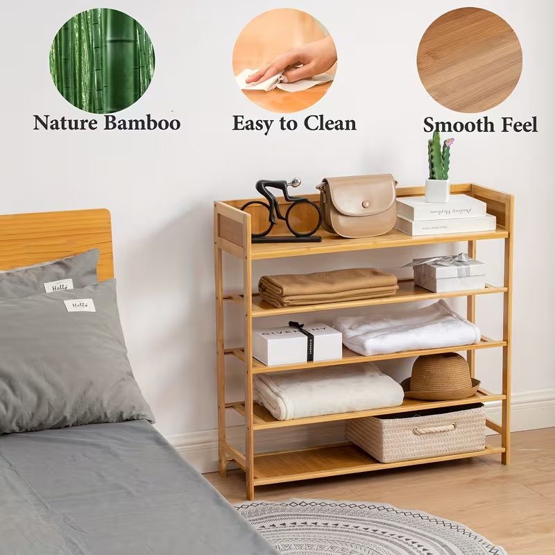 Spacious 5-Tier Bamboo Shoe Rack Organizer - Natural Finish or Entryway, Hallway, Closet Bamboo Shoe Rack