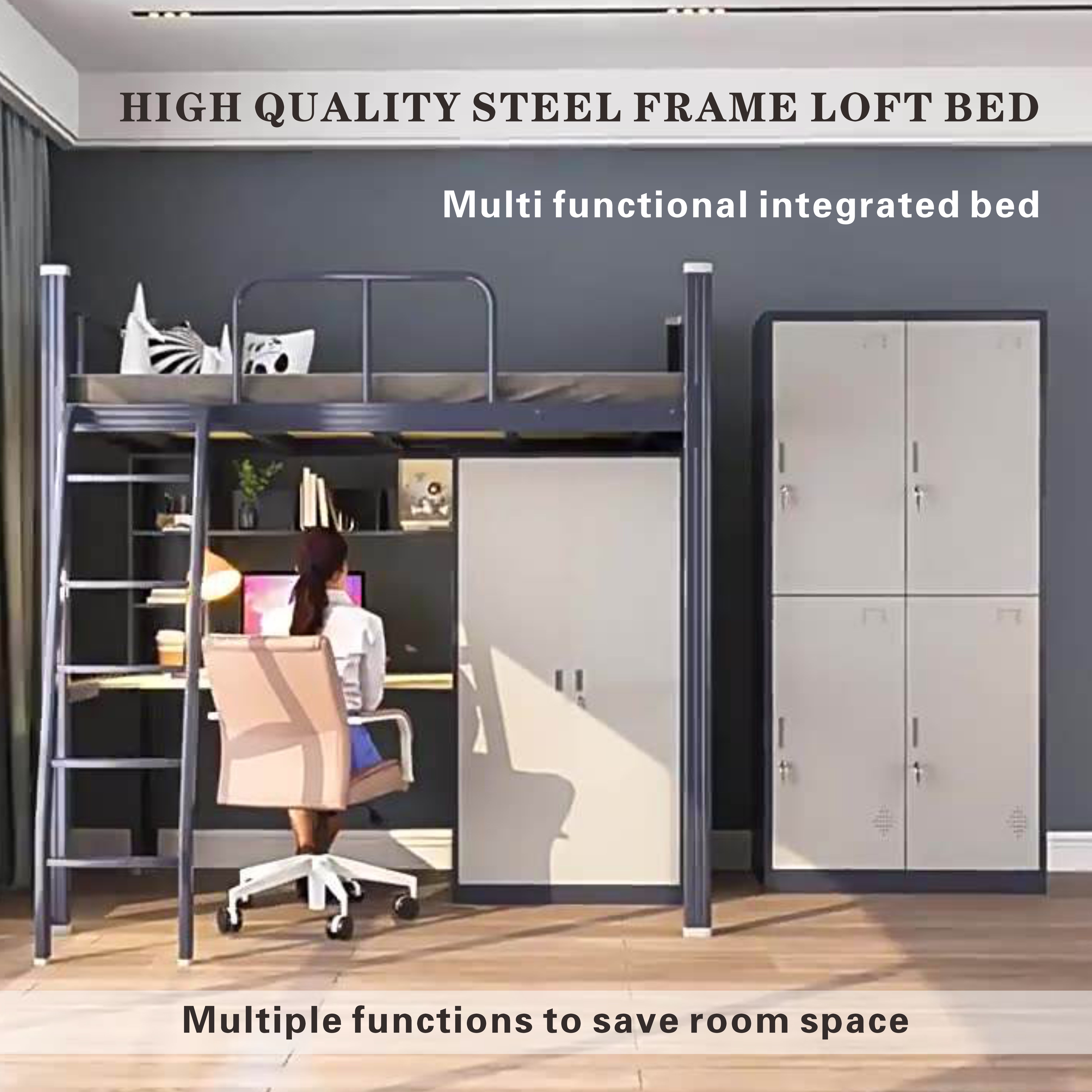 Space Saving Metal Bunk for Small Bedroom Features PC Rack and Clothes Cabinet Loft Bed with Desk