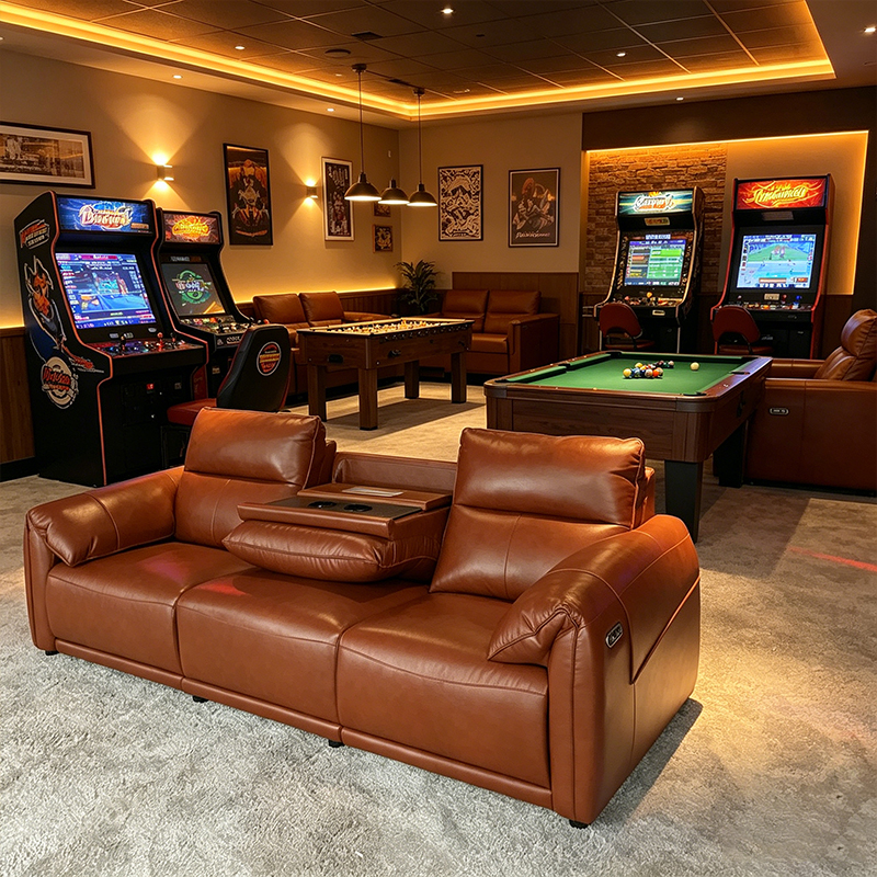 S.Q.F Commercial Leisure Billiard Sofa 2-Person Genuine Leather Recliner Cup Holder Thick Padding High-Back Game Room Bar Home