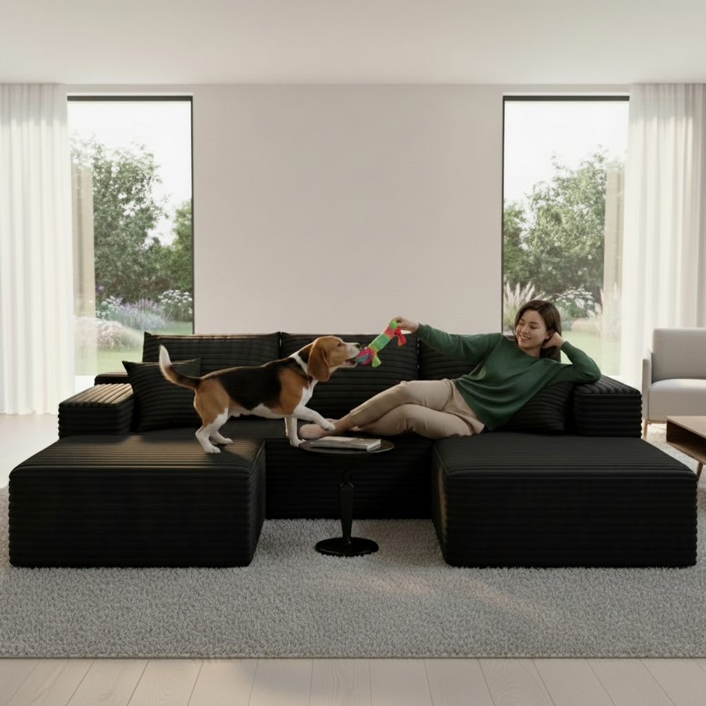 Luxury Boneless Couch U-Shaped Modular Sofa Double Chaise Three Seat Modern Sectional Sofa Corduroy Memory Foam Deep Seat