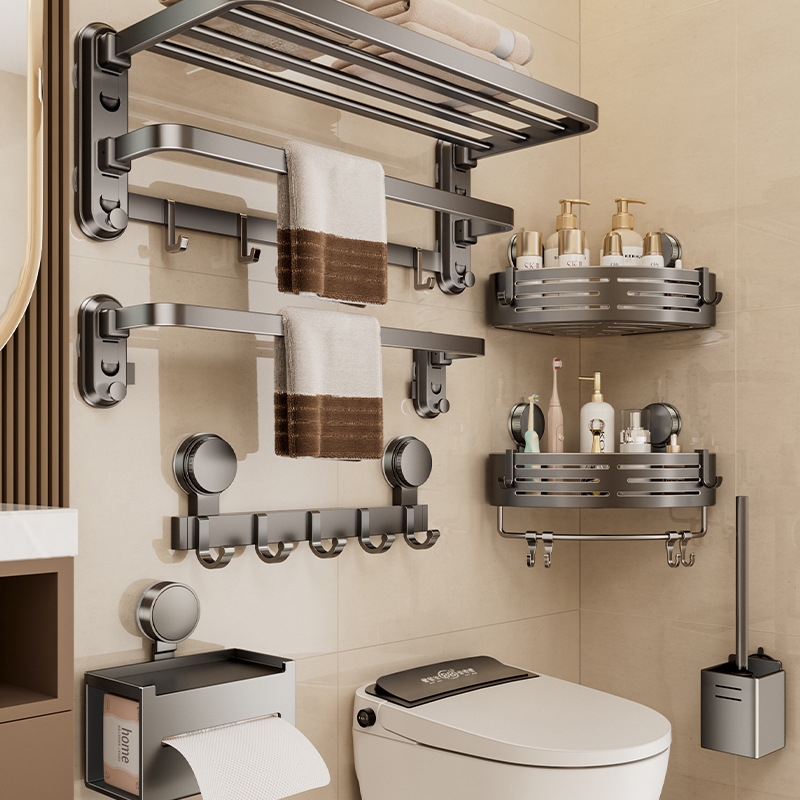 Modern Chrome Eco-Friendly Bathroom Towel Rack Four Suction Cups Punching-free Folding Design Wall-mounted Hotel Apartment