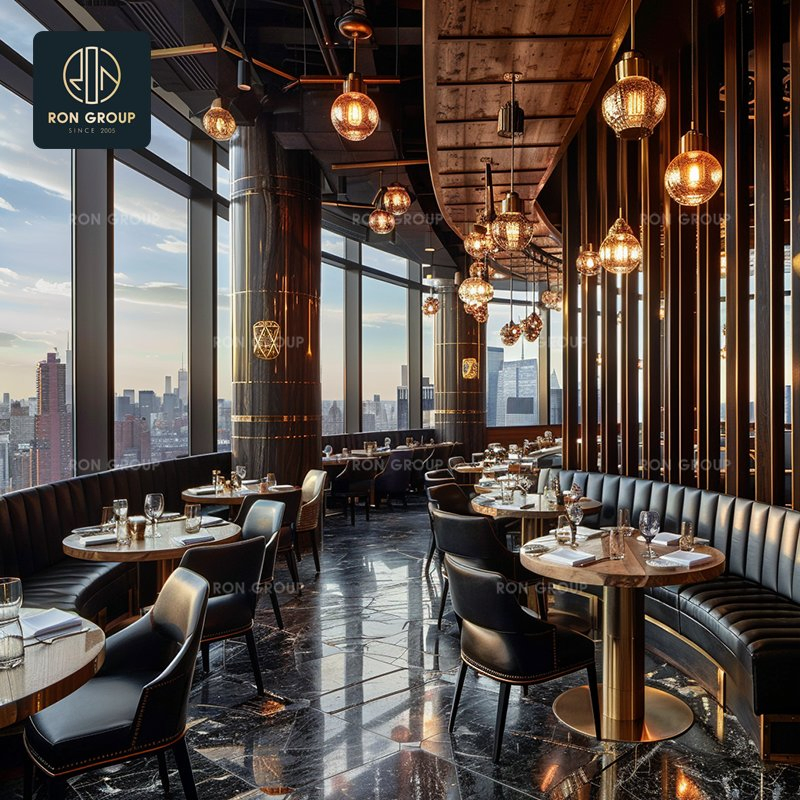 Modern Round Dining Table Restaurant Furniture with Padded Leather Chairs &amp; Decorative Accents