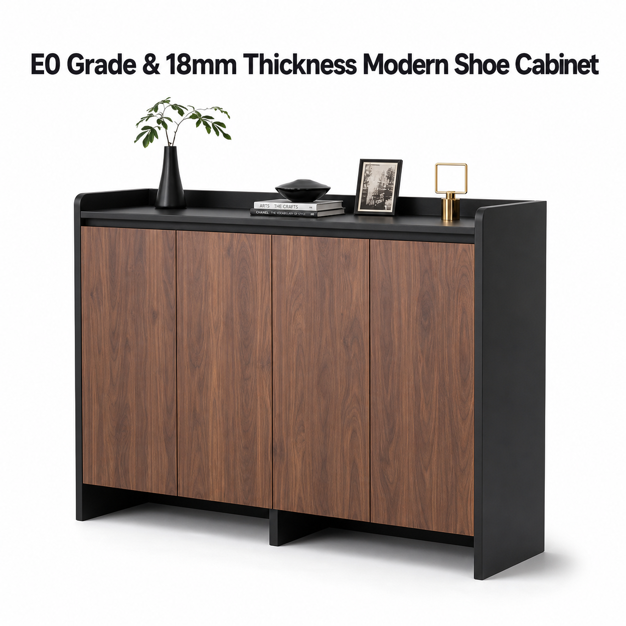 Modern Walnut-Colored Shoe Cabinet Entryway Four-Door Storage Rack with Open Bottom Shelf, Hallway Side Table