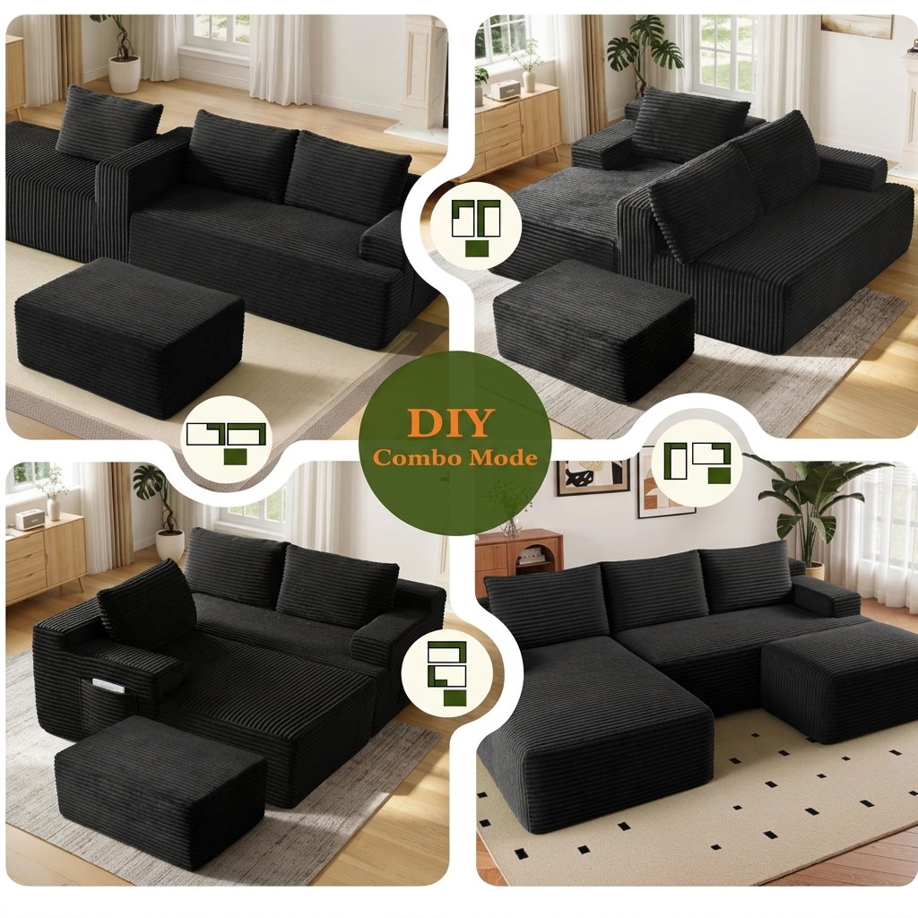 Luxury Boneless Couch U-Shaped Modular Sofa Double Chaise Three Seat Modern Sectional Sofa Corduroy Memory Foam Deep Seat