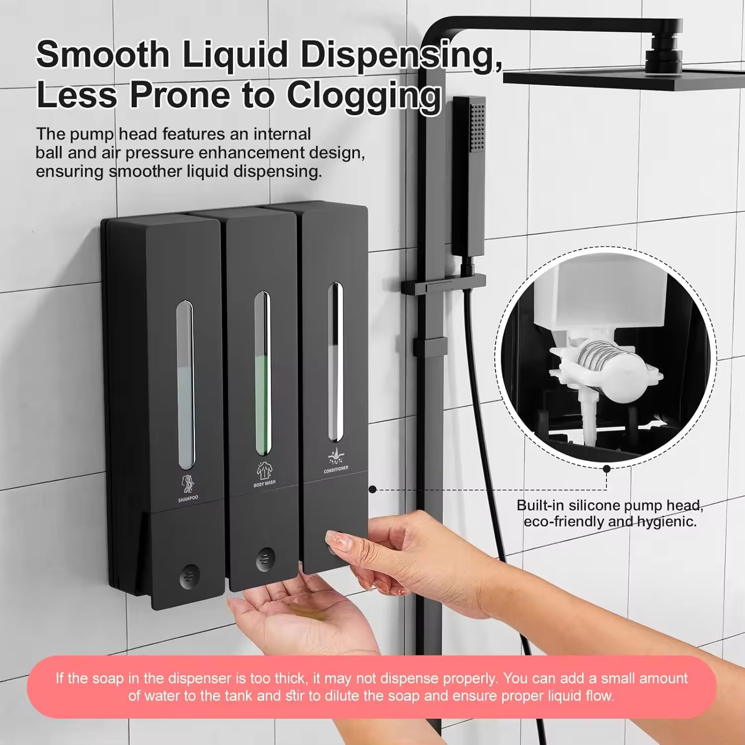 400ml Luxury 3-in-1 Wall Mount Liquid Hand Soap Dispenser Shampoo Conditioner Holder Bathrooms No Drilling Required 3 Bottle