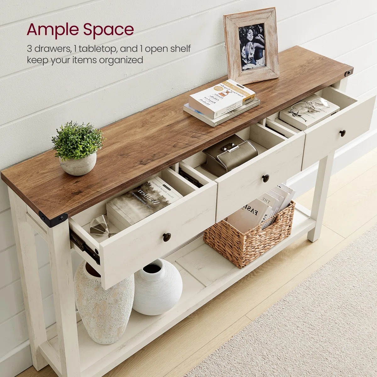 Farmhouse Luxury Narrow Hallway Wood 47.2 Inch Sofa Side Table Entryway Console Table with 3 Drawers Open Shelf Table Storage