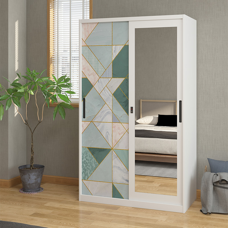 Bedroom Furniture: Sliding Metal Wardrobe with Mirror and Printed Steel Cabinet