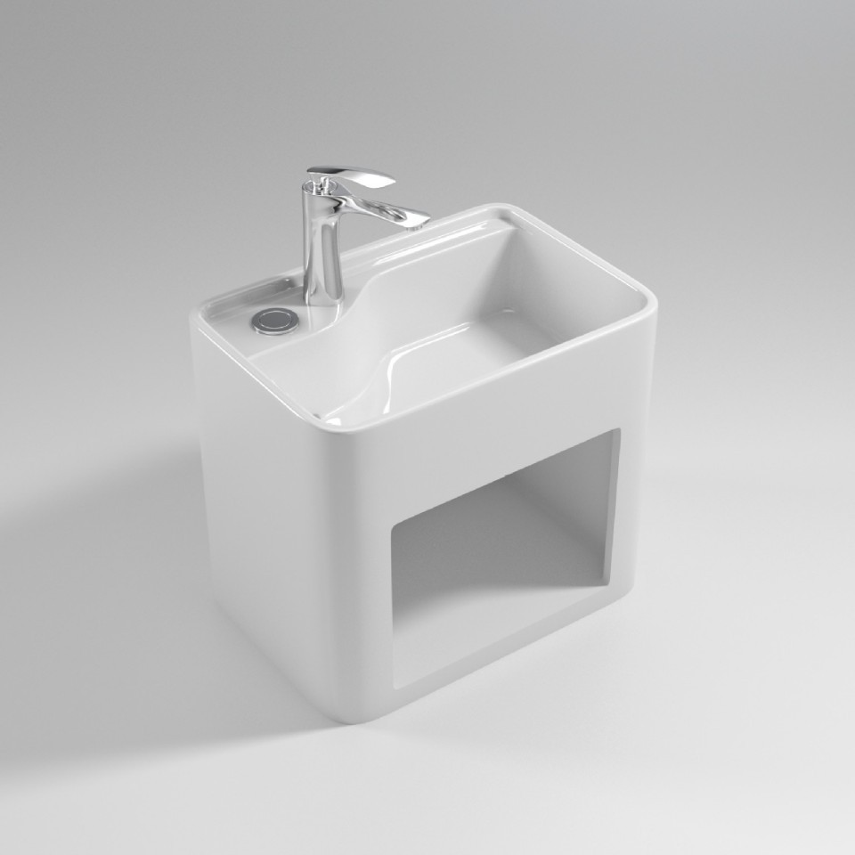 Wall-mounted Washbasin Integrated Ceramic Storage Rectangle Bathroom Cabinet Modern Simple Style Glossy White Finish