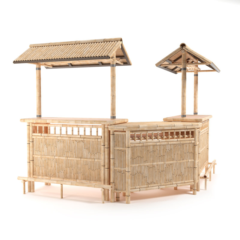 Bamboo Tiki Bar Set with Two Stools for Game Room & Garden Leisure Spaces