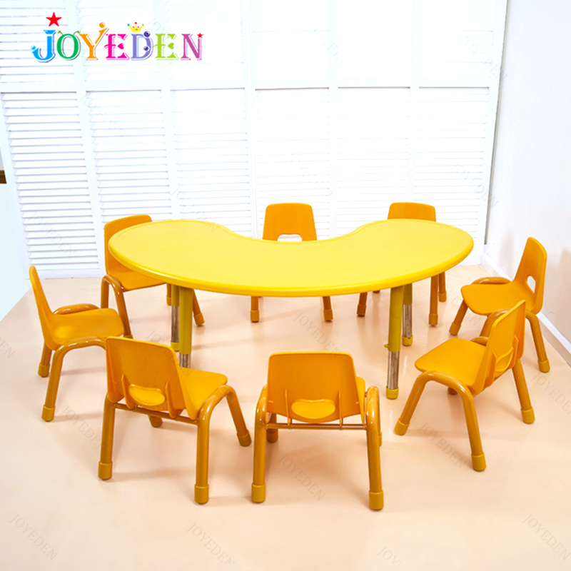 Wholesale Colorful Indoor Plastic Adjustable Height Moon Shape Kids Party Table and Chair Set Kindergarten Furniture