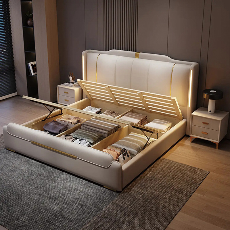 Luxury Modern King Size Soft Bed Frame Leather Solid Wood Double Queen Bed with Storage for Bedroom Furniture for Home or Hotel