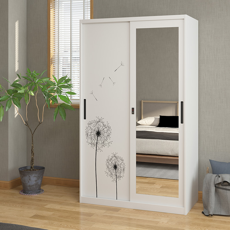 Bedroom Furniture: Sliding Metal Wardrobe with Mirror and Printed Steel Cabinet