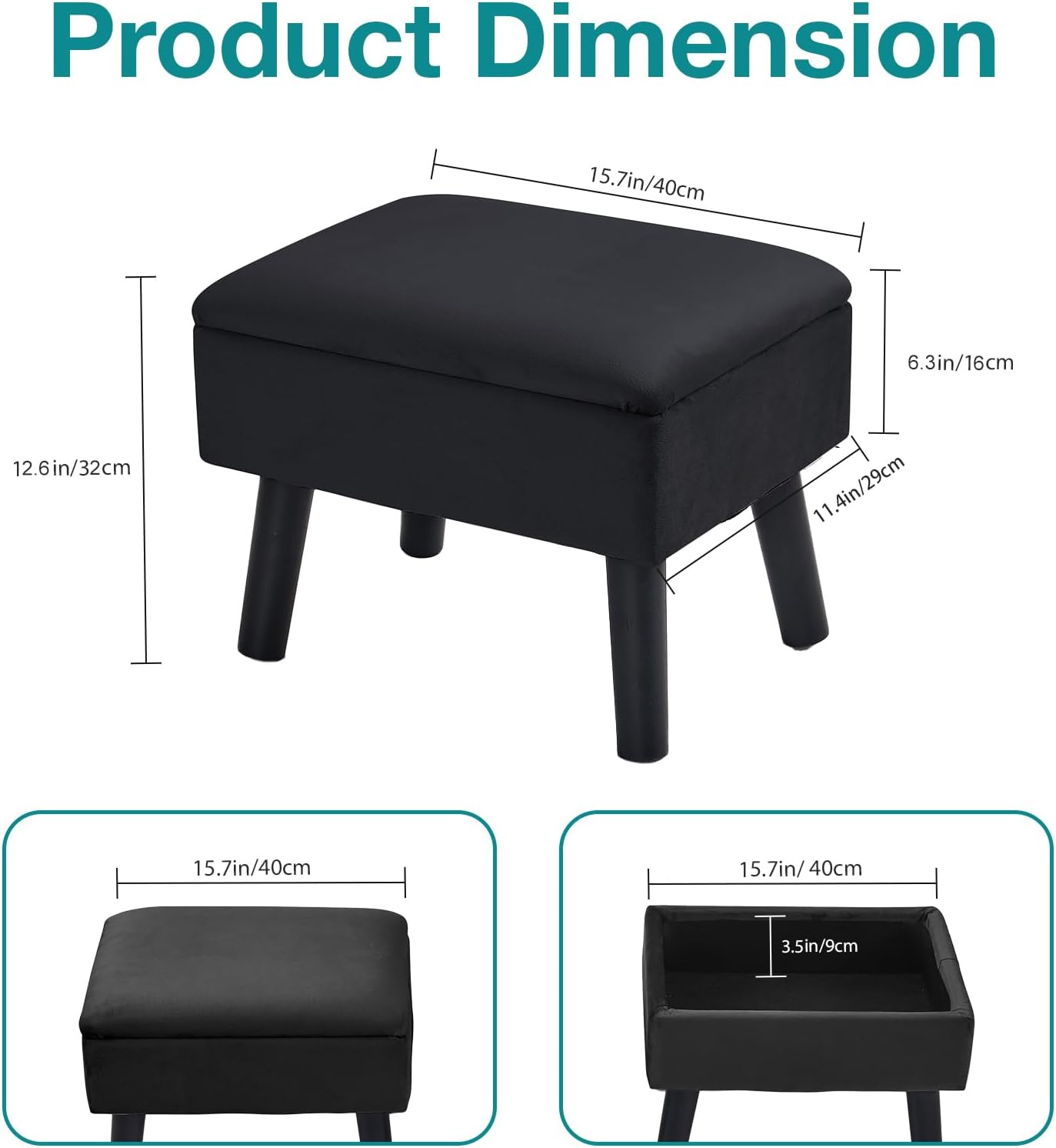 BRIAN DANY Velvet Storage Ottoman with Legs Footstool for Living Room Entryway Office Black Home Furniture