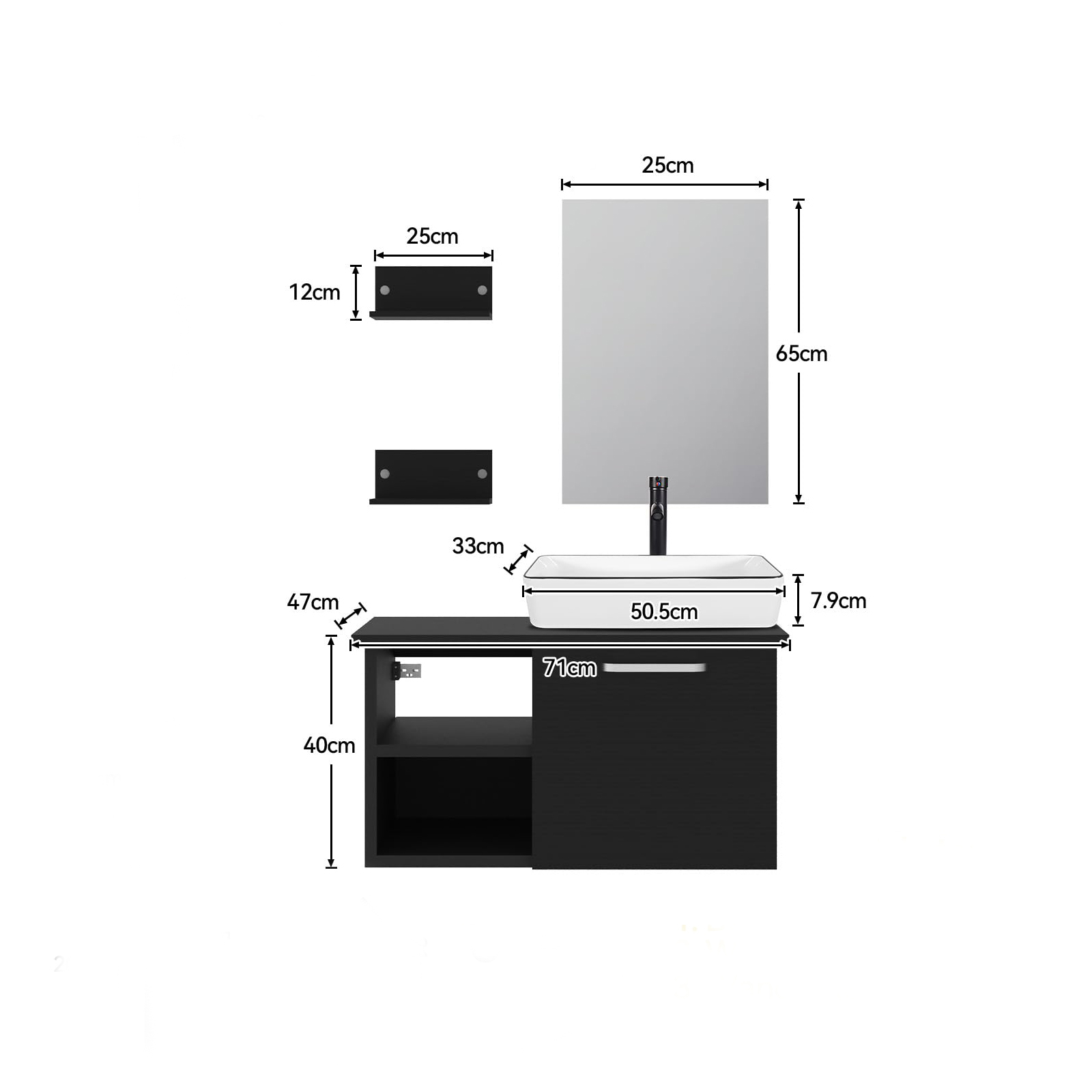 71 cm White Bathroom Furniture Set 3-Tier Shower Shelf 2 Wall Shelves Basin Floor Cabinet Bathroom Vanity Set