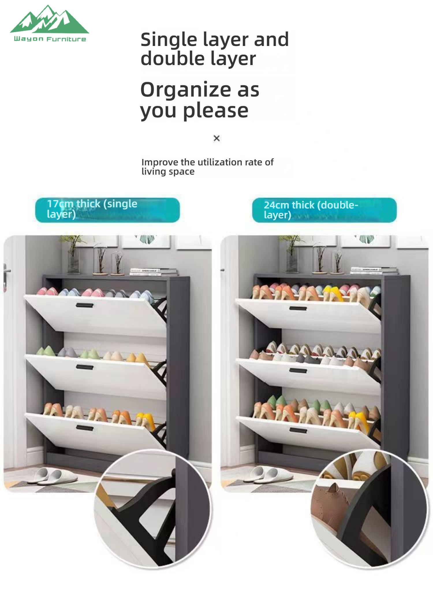 Wayon Sturdy 3-Tier Wooden Shoe Rack with White Drawers and Metal Handles for Entryway Hallway Storage Organizer